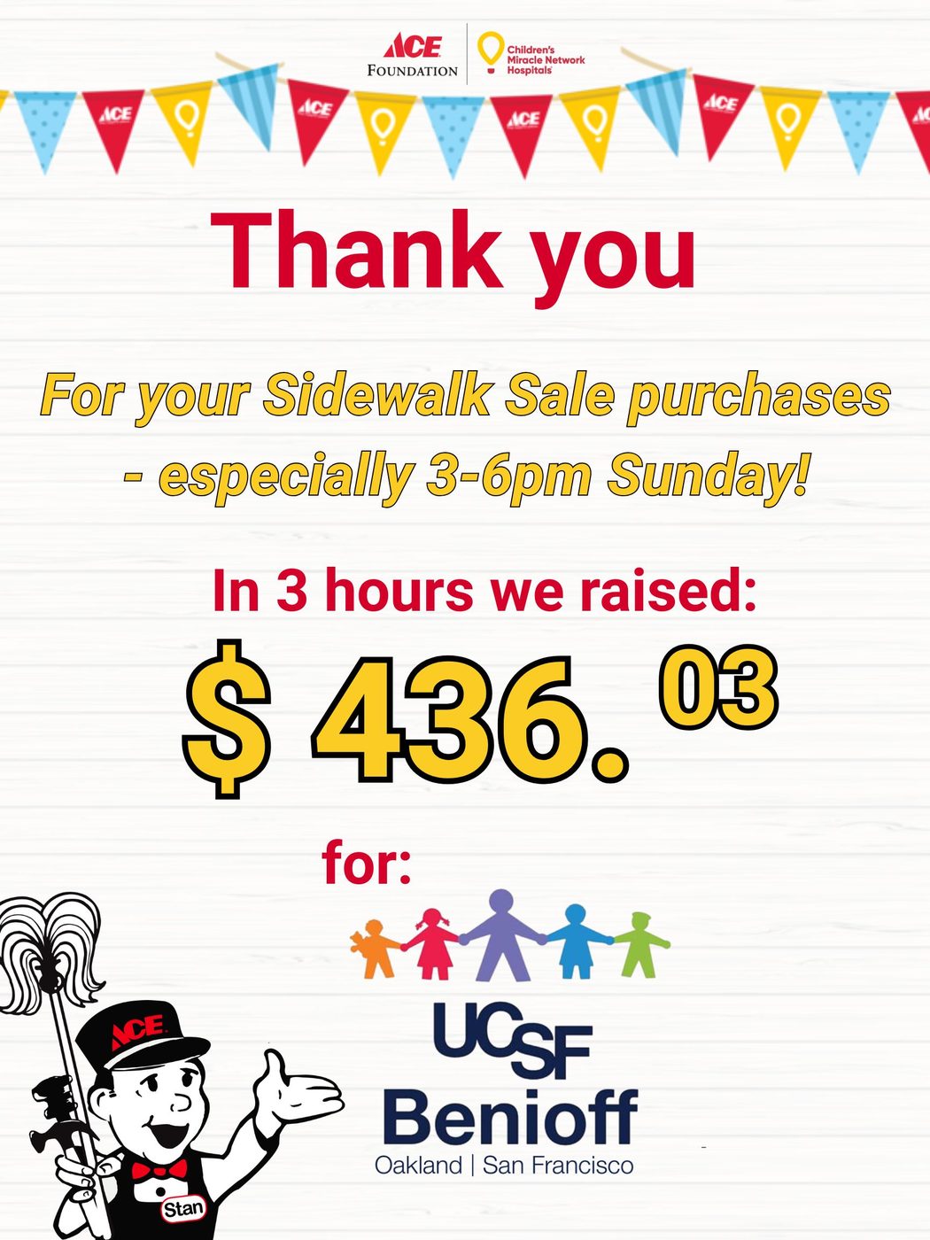 Thank-you graphic: $436.03 raised for UCSF Benioff